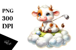 Pastel Cute Baby Cow Playing Golf | Watercolor Product Image 1