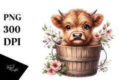 Cute Baby Highland Cow Wood Bucket Flowers PNG Product Image 1