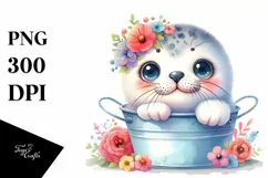 Cute Colorful Seal Bucket Flowers | Sublimation | Clipart Product Image 1