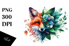 Vibrant Watercolor Fox with Flowers PNG Product Image 1