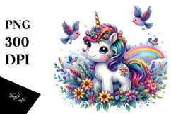 Artistic Baby Unicorn with Birds PNG Product Image 1