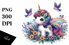 Artistic Baby Unicorn with Birds PNG Product Image 1