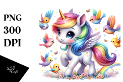 Baby Unicorn with Flock of Birds PNG Product Image 1