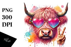 Pink Highland Cow with Victory Sign, PNG Product Image 1