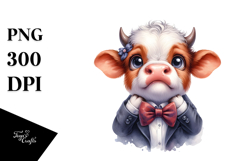Baby Cow with Bow and Tie, Watercolor Design PNG Product Image 1