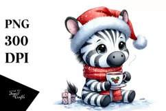 Watercolor Zebra with Santa Hat PNG Product Image 1