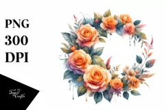 Vibrant Watercolor Wreath with Orange Roses | Clipart Product Image 1