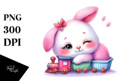 Watercolor Pink-ish Smiling Cute Bunny Resting PNG Product Image 1