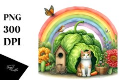 Cat House and Colorful Flowers | Sublimation | Clipart Product Image 1