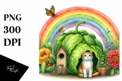 Cat House and Colorful Flowers | Sublimation | Clipart Product Image 1