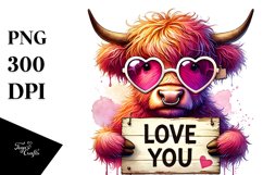 Pink Highland Cow with Love You Sign, PNG Product Image 1