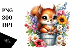 Colorful Baby Squirrel Sitting in Bucket with Flowers | Product Image 1