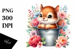Colorful Baby Squirrel Sitting in Bucket with Flowers | Product Image 1