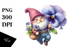 Cute Floating Gnome with Pansy, Watercolor PNG Product Image 1