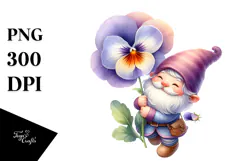 Cute Floating Gnome with Pansy, Watercolor PNG Product Image 1