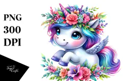 Vibrant Unicorn Drawing with Floral Wreath, Transparent PNG Product Image 1