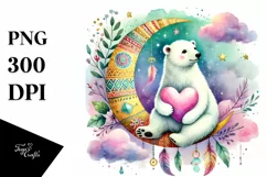 Colorful Boho Polar Bear on Half Moon Heart PNG Product Image 1