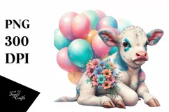Playful Baby Cow with Balloons PNG Product Image 3