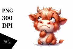 Simple Funny Expressive Highland Cow Watercolor PNG Product Image 1