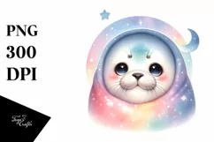 Colorful Baby Hooded Seal Under Moon and Stars | Clipart Product Image 1