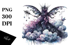 Gothic Fairy on a Cloud, Watercolor PNG Product Image 1