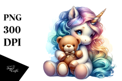 Baby Unicorn Holding Teddy Bear PNG Product Image 1