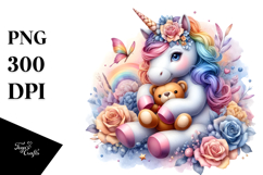 Baby Unicorn Holding Teddy Bear PNG Product Image 1