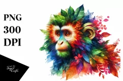 Abstract Vibrant Monkey with Plant Leaves PNG Product Image 3