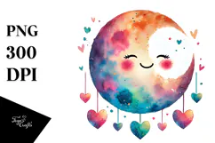 Colorful Smiling Moon with Hearts PNG Product Image 1