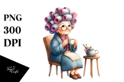 Old Lady Watercolor Character with Hair Curlers | Clipart Product Image 1
