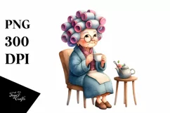Old Lady Watercolor Character with Hair Curlers | Clipart Product Image 1