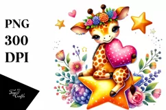 Colorful Cute Boho Giraffe Sitting on a Star PNG Product Image 1