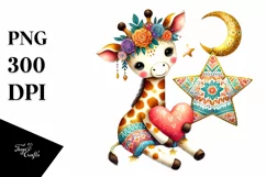 Colorful Cute Boho Giraffe Sitting on a Star PNG Product Image 1