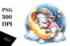 Cute Baby Lamb Sleeping on the Moon PNG Product Image 1