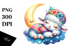 Cute Baby Lamb Sleeping on the Moon PNG Product Image 1