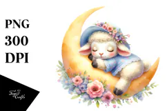 Cute Baby Lamb Sleeping on the Moon PNG Product Image 1