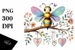 Boho Bee on Tree Branch with Hanging Hearts PNG Product Image 1