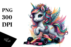 Colorful Baby Unicorn Race Car PNG Product Image 1