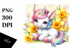 Baby Unicorn with Daffodil Frame Watercolor Clipart Product Image 1