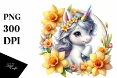 Baby Unicorn with Daffodil Frame Watercolor Clipart Product Image 3