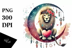 Boho Lion on Moon Holding Heart, Cute PNG Product Image 1