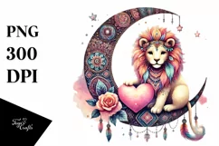 Boho Lion on Moon Holding Heart, Cute PNG Product Image 1
