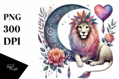Boho Lion on Moon Holding Heart, Cute PNG Product Image 1