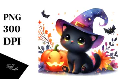 Watercolor Baby Black Cat Halloween Clipart Product Image 1