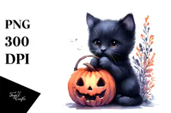 Watercolor Baby Black Cat Halloween Clipart Product Image 1