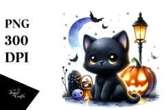 Watercolor Baby Black Cat Halloween Clipart Product Image 1