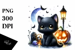 Watercolor Baby Black Cat Halloween Clipart Product Image 3