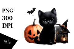 Watercolor Baby Black Cat Halloween Clipart Product Image 1