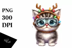 Winter Kitten with Reindeer Horns PNG Product Image 1