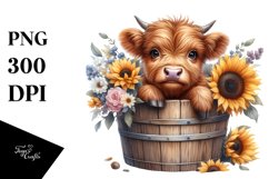 Cute Baby Highland Cow with Sunflower PNG Product Image 3